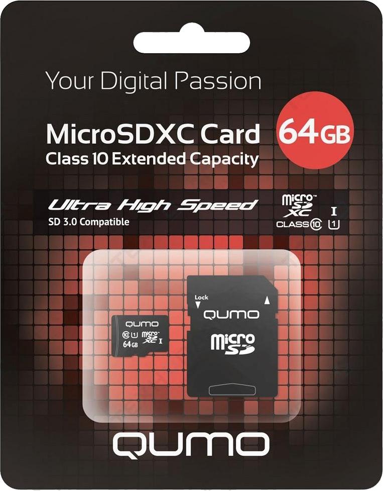 MicroSDXC 64GB QUMO Сlass 10 с адаптером SD UHS-1 3.0 64 Gb MicroSDXC 64GB QUMO Сlass 10 с адаптером SD UHS-1 3.0 64 GbФлеш-карта QUMO MicroSDXC 64GB Class 10 – это универсальная карта памяти, которая подходит для цифровой техники, поддерживающей данный формат карт. Она призвана расширить память различных устройств. Class 10 в сочетании с UHS-I (Ultra High Speed) обеспечи...<br>
