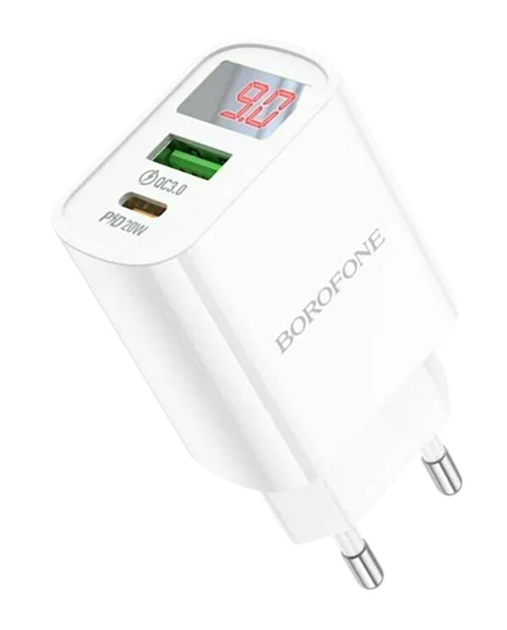 Сетевое зарядное устройство Borofone BA78A Golden grid dual-port PD20W+QC3.0 White