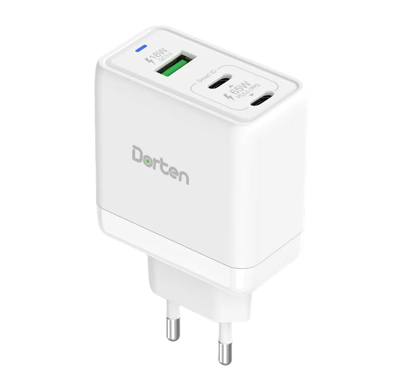 Сетевое зарядное устройство Dorten 3-Port USB Smart ID 65W GaN Power Adapter PD3.0/PPS+QC3.0 White фото 1