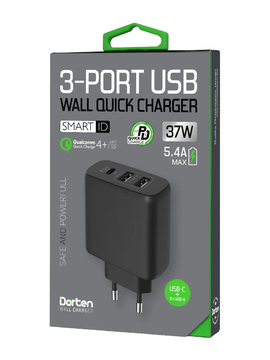 Сетевое зарядное устройство Dorten 3-Port USB Smart ID 37W Quick Charger  PD3.0+QC3.0 купить для телефона по выгодным ценам в интернет-магазине  1click.ru