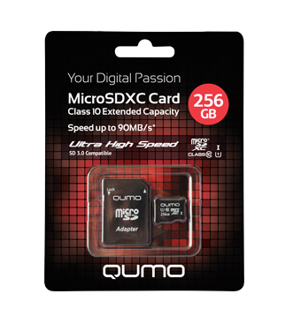 MicroSDXC 256 GB UHS-I, 3.0 Qumo с адаптером SD, R/W 90/20 MB/s 