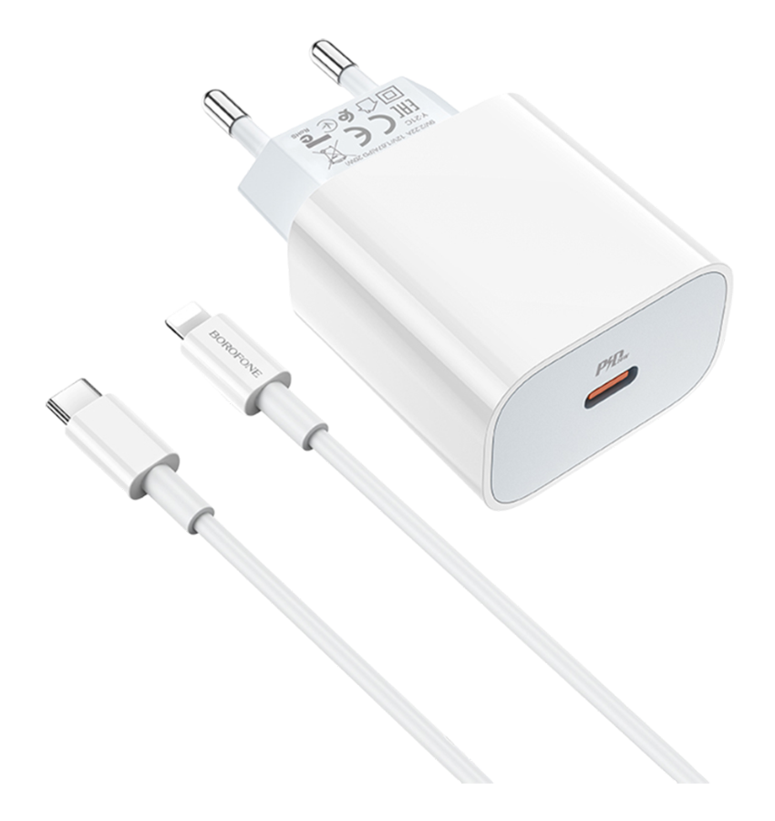 Сетевое зарядное устройство BOROFONE BA38A Plus Speedy 1xUSB-C PD 20W, 3A + кабель Lightning 1м белы фото 1