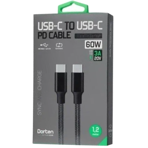 Кабель Dorten USB-C to USB-C 60W PD Metallic Series 1.2m Black фото 1