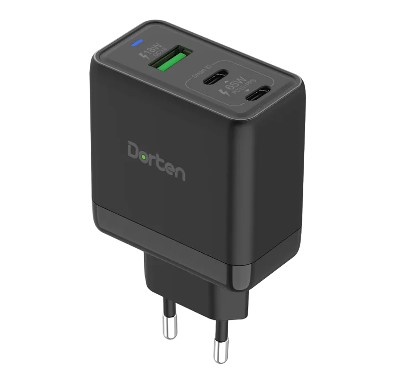 Сетевое зарядное устройство Dorten 3-Port USB Smart ID 65W GaN Power Adapter PD3.0/PPS+QC3.0 Black