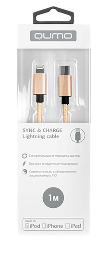 Кабель Qumo MFI С48 Type-С - Lightning  1м, 5В, 2,4A, 12Вт опл. нейлон, золотой