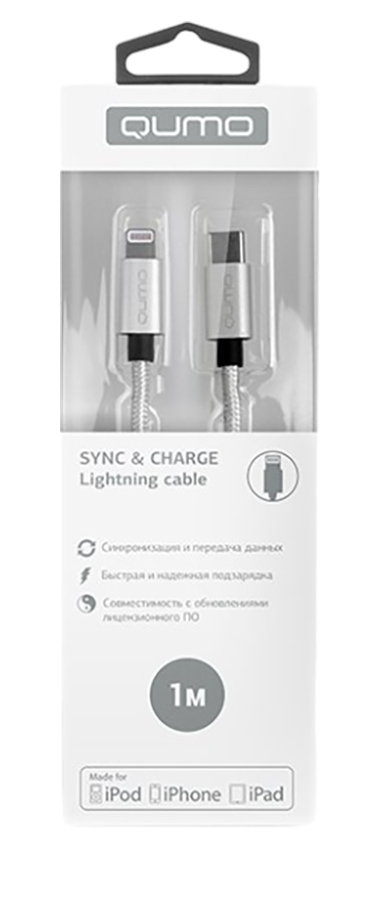 Кабель Qumo MFI С48 Type-С - Lightning  1м, 5В, 2,4A, 12Вт опл. нейлон, серебро