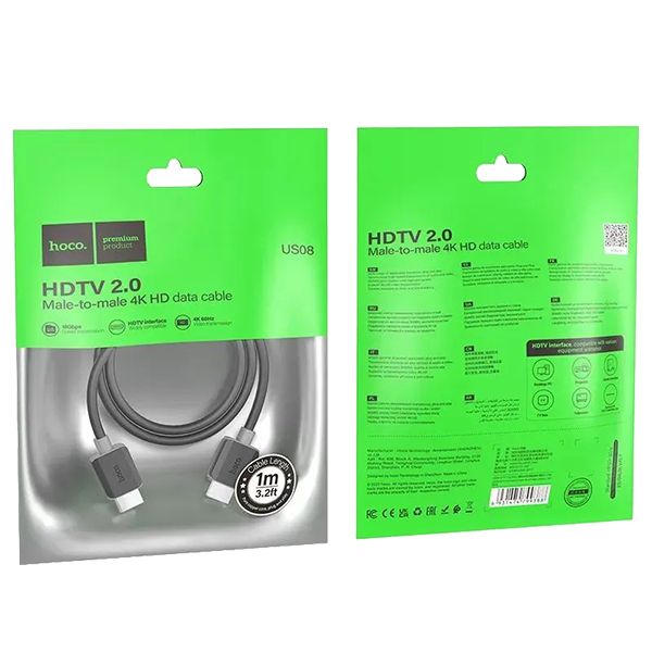 Кабель HDMI to HDMI HOCO US08 HDTV 2.0, 4K 60Hz, 1м, PVC черный