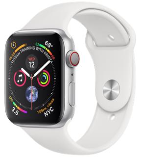 

Apple Watch Series 4 GPS+ Cellular 44mm Silver Aluminum Case with White Sport Band MTVR2