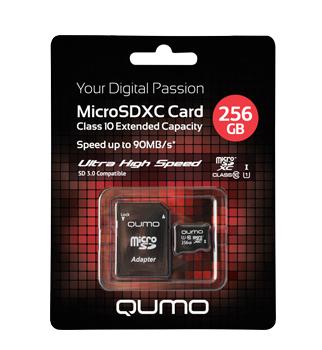 

MicroSDXC 256 GB UHS-I, 3.0 Qumo с адаптером SD, R/W 90/20 MB/s