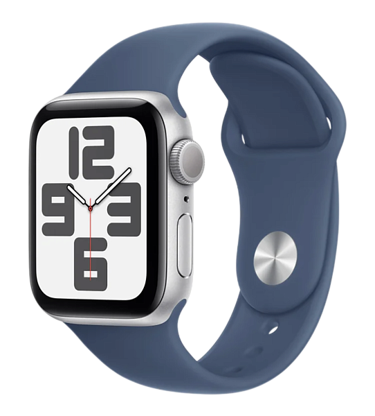 Apple Watch SE (2024) GPS 44mm Aluminum Case with Silver/Denim Sport Band S/M (MXEQ3)