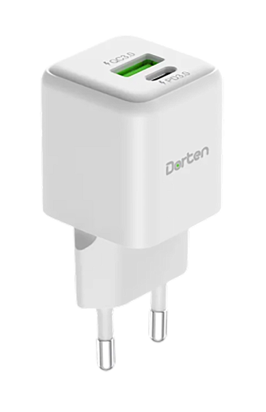 Сетевое зарядное устройство Dorten 2-Port USB Smart ID 25W Gan Wall Quick Charger White