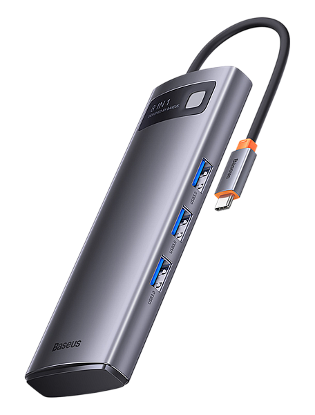 Хаб Baseus Metal Gleam Series 8-in-1 Type-C HUB Gray, PD, 3xUSB3.0, 2хHDMI, SD, TF (WKWG050113)