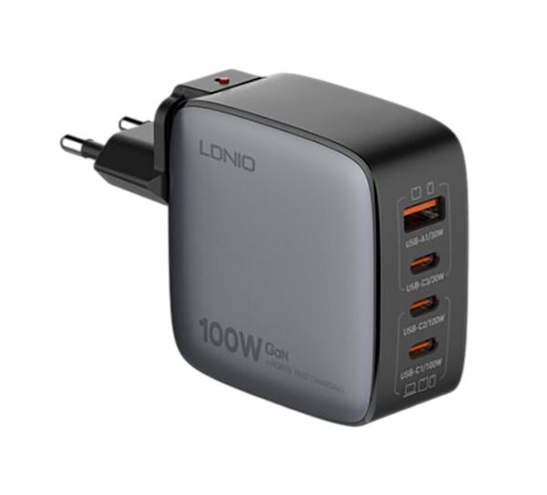 СЗУ LDNIO Q408 100W GaN Supper Fast Charger, US/UK/EU Plug, 1xUSB-A + 3xUSB-C Black