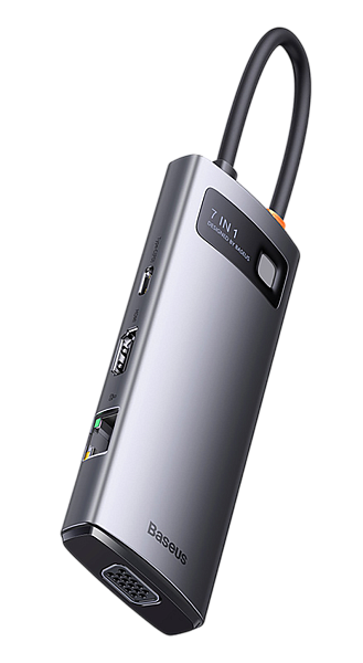 Хаб Baseus Metal Gleam Series 7-in-1 Type-C HUB Gray, PD, 3xUSB3.0, HDMI, VGA, RJ45 (WKWG040013)