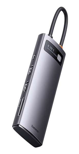 Хаб Baseus Metal Gleam Series 8-in-1 Type-C HUB Gray, PD, 3xUSB3.0, 2хHDMI, SD, TF (WKWG050113)
