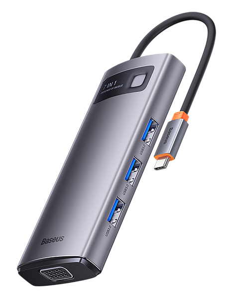 Хаб Baseus Metal Gleam Series 7-in-1 Type-C HUB Gray, PD, 3xUSB3.0, HDMI, VGA, RJ45 (WKWG040013)