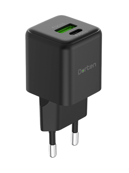 Сетевое зарядное устройство Dorten 2-Port USB Smart ID 20W Gan Wall Quick Charger PD3.0+QC3.0 Black