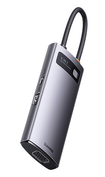 Хаб Baseus Metal Gleam Series 6-in-1 Type-C HUB Gray, PD, 3xUSB3.0, HDMI, VGA (WKWG030013)