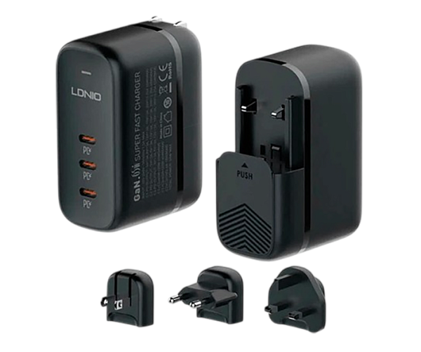 СЗУ LDNIO Q367 - 65W GaN Super Fast Charger 3 USB-C port PD со сменными вилками EU/UK/US, Black