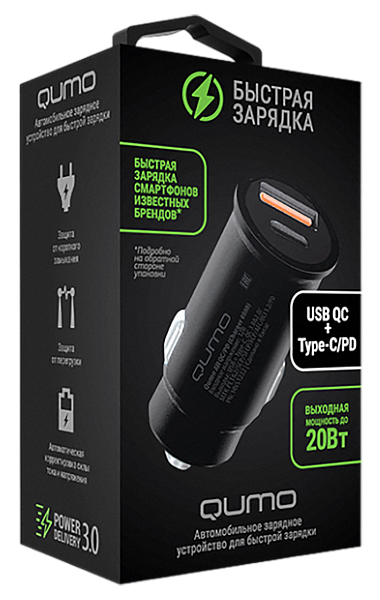 АЗУ Qumo All QC/PD (Charger 0088), USB + Type-C, черный