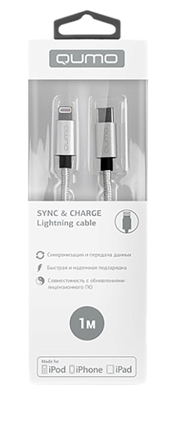 Кабель Qumo MFI С48 Type-С - Lightning  1м, 5В, 2,4A, 12Вт опл. нейлон, серебро